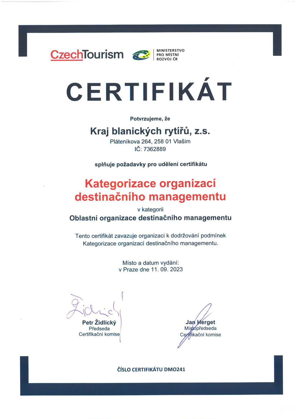 Certifikát DMO Kraj blanických rytířů